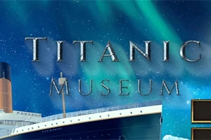 Titel Titanic Museum over en illustration af et skib med nordlys i baggrunden