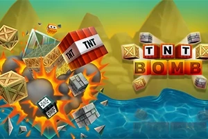 Eksplosion af trækasser og TNT-blokke ved siden af vand med bjerge i baggrunden
