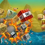 Eksplosion af trækasser og TNT-blokke ved siden af vand med bjerge i baggrunden