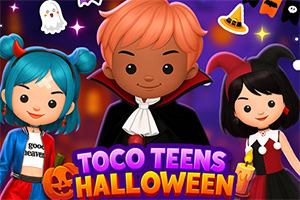 Tre tegnede teenagere i halloweenkostumer med græskar, spøgelser, flagermus og farverige uhyggelige dekorationer i baggrunden