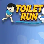 En karikaturmand ser presset ud ved siden af teksten TOILET RUN og en tegning af et toilet på en blå baggrund