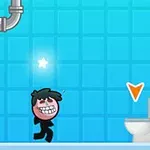 En animeret figur med et stort smil står foran et toilet i et badeværelsesmiljø med blå fliser