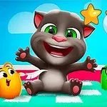 En smilende, grå tegnefilmskat sidder foran en blå baggrund med skyer og tre gyldne stjerner, omgivet af farverige, glade figurer