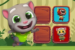 En glad, animeret grå kat iført en grøn trøje står foran fire farvede felter med illustrationer i en tegneserieagtig stil