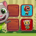 En glad, animeret grå kat iført en grøn trøje står foran fire farvede felter med illustrationer i en tegneserieagtig stil