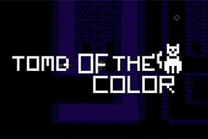 Tekst TOMB OF THE COLOR i pixeleret skrifttype med en lille hvid kattefigur på en mørk baggrund