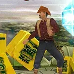 En mand i brunt cowboytøj står foran gule blokke med symboler, mens en blå krystal svæver i luften
