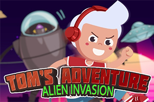En tegneseriefigur med hvidt hår og røde høretelefoner står foran en baggrund med rumskibe og en stor robot, med teksten Toms Adventure Alien Invasion forneden