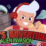 En tegneseriefigur med hvidt hår og røde høretelefoner står foran en baggrund med rumskibe og en stor robot, med teksten Toms Adventure Alien Invasion forneden