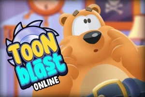 Tegneserieagtig bjørn ser overrasket ud ved siden af farverigt logo med teksten Toon Blast Online