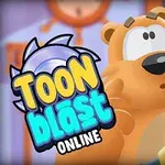 Tegneserieagtig bjørn ser overrasket ud ved siden af farverigt logo med teksten Toon Blast Online