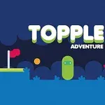 Titel Topple Adventure over et stiliseret spilscene med en grøn figur, en rød bil med en astronaut og en platform med en rød flag