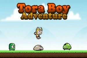 Tegneseriefigur iført tigerdragt hopper over tre farverige skabninger med teksten Tora Boy Adventure ovenfor