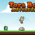 Tegneseriefigur iført tigerdragt hopper over tre farverige skabninger med teksten Tora Boy Adventure ovenfor