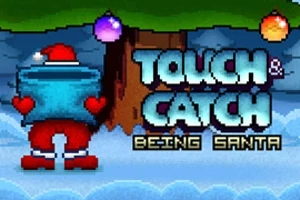 En pixelgrafik viser en julemand med gavesæk foran et sneklædt juletræ med farverige julekugler og teksten Touch & Catch Being Santa
