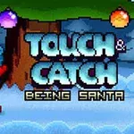 En pixelgrafik viser en julemand med gavesæk foran et sneklædt juletræ med farverige julekugler og teksten Touch & Catch Being Santa