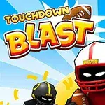 To animationsfigurer i amerikansk fodboldudstyr, en i rød og en i sort, foran en baggrund af lyseblå stråler og en amerikansk fodbold i luften, med teksten Touchdown Blast øverst