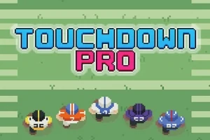 Fem pixel-art amerikanske fodboldspillere står på en grøn bane med teksten Touchdown Pro ovenfor
