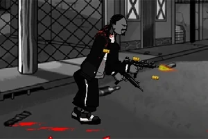 En animeret figur iført mørkt tøj skyder med to våben, mens blod og patronhylstre ses på jorden i en bymæssig baggrund