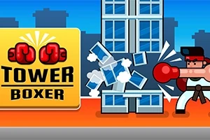 En tegneserieagtig bokser slår på en bygning, hvor glasruderne knuses, ved siden af teksten Tower Boxer