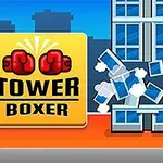 En tegneserieagtig bokser slår på en bygning, hvor glasruderne knuses, ved siden af teksten Tower Boxer