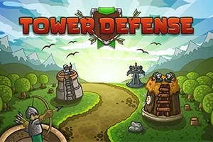 Tegnet landskab med en snoet sti omgivet af tårne, soldater og en bueskytte i skoven med teksten Tower Defense øverst