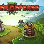 Tegnet landskab med en snoet sti omgivet af tårne, soldater og en bueskytte i skoven med teksten Tower Defense øverst