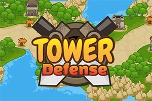 Tegnet kort med floder, træer, bjerge og slotte, med teksten Tower Defense i midten