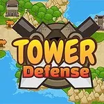 Tegnet kort med floder, træer, bjerge og slotte, med teksten Tower Defense i midten