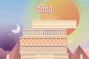 Illustration af en arkitektonisk struktur stablet under en stor sol og måne med ordet GOOD øverst