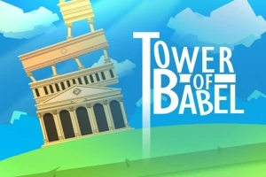 En skrå tårn med klassisk arkitektur på en bakgrund af en blå skyet himmel med teksten Tower of Babel