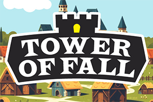 Et stort skilt med teksten Tower of Fall foran en tegneserieagtig landsby med tårne og huse