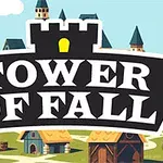 Et stort skilt med teksten Tower of Fall foran en tegneserieagtig landsby med tårne og huse