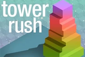 En farverig trappetårnstruktur med teksten tower rush på en geometrisk baggrund