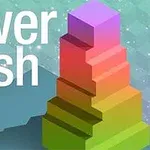 En farverig trappetårnstruktur med teksten tower rush på en geometrisk baggrund