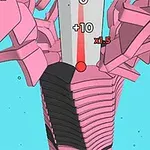 En illustration af en spiralformet struktur i pink og sort mod en lyseblå baggrund med en rød bold i centrum
