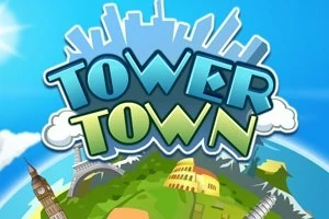 Illustration med teksten Tower Town i store bogstaver over en jordklode med vartegn som Big Ben, Colosseum og Eiffeltårnet mod en blå himmelbaggrund