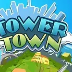 Illustration med teksten Tower Town i store bogstaver over en jordklode med vartegn som Big Ben, Colosseum og Eiffeltårnet mod en blå himmelbaggrund