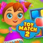 Et farverigt billede af en tegneseriepige med store øjne ved siden af et puslespil fyldt med lysende farvede blokke og teksten Toy Match 2