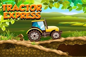 Gul traktor på ujævn jordvej med frodig baggrund af grønne marker og blade