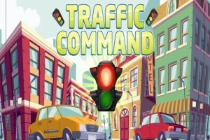 En tegneserieby med biler, bygninger og et stort trafiklys i midten under teksten Traffic Command