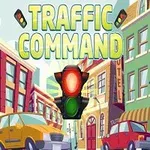 En tegneserieby med biler, bygninger og et stort trafiklys i midten under teksten Traffic Command