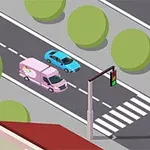 En isometrisk illustration af to biler, en lyserød varevogn og en blå bil, der kører på en vej med træer langs siden og et trafiklys ved en fodgængerovergang