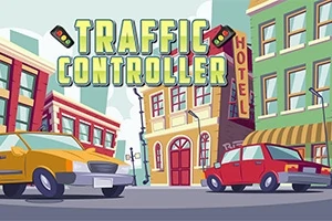 Farverige bygninger og biler i en byscene med teksten Traffic Controller øverst