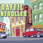 Farverige bygninger og biler i en byscene med teksten Traffic Controller øverst