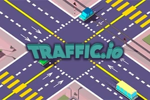 Et farverigt kryds med biler og veje, og teksten TRAFFIC