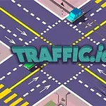 Et farverigt kryds med biler og veje, og teksten TRAFFIC