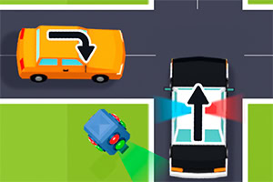En illustration af en vejkryds med en orange bil, en sort og hvid bil, og en robot med grønne og røde lys