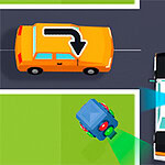 En illustration af en vejkryds med en orange bil, en sort og hvid bil, og en robot med grønne og røde lys