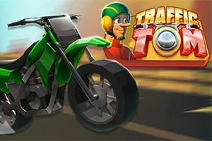 Grøn motorcykel i fart og tegnet figur med hjelm ved siden af en farverig titeltekst